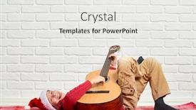  Presentation with red brick wall - Slide set with boy playing music on guitar dressed in a red woolen sweater and santa hat sitting on a red checkered blanket white brick wall on background background and a white colored foreground