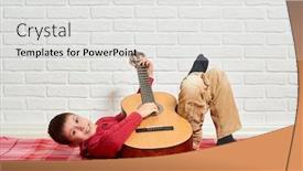  Presentation with red brick wall - Beautiful PPT layouts featuring boy playing music on guitar dressed in a red woolen sweater lies on a red checkered blanket white brick wall on background backdrop and a light gray colored foreground