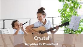  Presentation with music instruments - Beautiful slides featuring boy playing on music instrument backdrop and a coral colored foreground