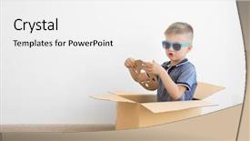  Presentation with poster on white wall above - Colorful PPT theme enhanced with boy playing with cardboard box backdrop and a white colored foreground