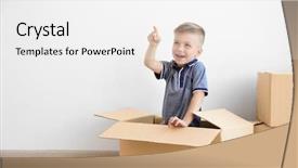  Presentation with poster on white wall above - Audience pleasing slide set consisting of boy playing with cardboard box backdrop and a white colored foreground