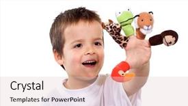  Presentation with finger - Audience pleasing PPT theme consisting of boy playing with finger puppet backdrop and a  colored foreground
