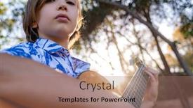  Presentation with musical instrument - PPT theme enhanced with boy-plays-the-guitar background and a coral colored foreground