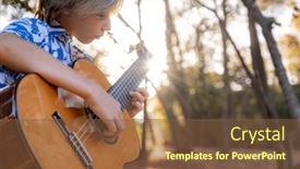  Presentation with musical instrument - PPT layouts consisting of boy-plays-the-guitar background and a tawny brown colored foreground