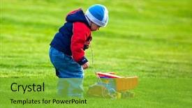  Presentation with eco green car - Presentation theme having boy plays with a toy background and a shamrock green colored foreground