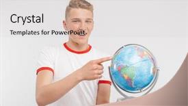  Presentation with history earth globe isolated white - Cool new PPT layouts with boy pointing at a globe backdrop and a light gray colored foreground