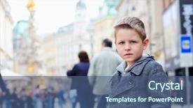  Presentation with busy street - Presentation design with boy portrait at busy street background and a ocean colored foreground