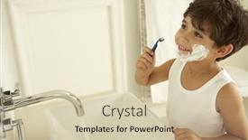  Presentation with shave - Amazing PPT theme having boy pretending to shave in bathroom mirror backdrop and a soft green colored foreground