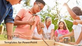  Presentation with chisel - Slide set having boy-prying-wood background and a coral colored foreground