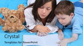  Presentation with old book - Audience pleasing slide deck consisting of boy reading book - good night backdrop and a light blue colored foreground