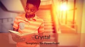  Presentation with college orientation empty classic book - Colorful slides enhanced with boy reading book in library backdrop and a red colored foreground