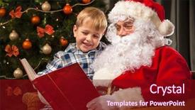  Presentation with christmas tree - PPT theme having boy reading together a book background and a wine colored foreground