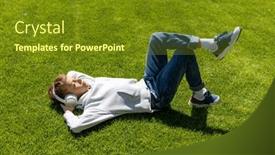  Presentation with music headphones - PPT theme enhanced with boy-relaxing-on-grass-listening background and a tawny brown colored foreground
