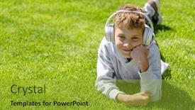  Presentation with music headphones - Presentation design with boy-relaxing-on-grass-listening background and a gold colored foreground