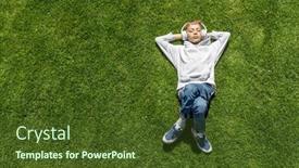  Presentation with music headphones - Slides consisting of boy-relaxing-on-grass-listening background and a tawny brown colored foreground