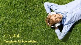  Presentation with music headphones - PPT layouts enhanced with boy-relaxing-on-grass-listening background and a tawny brown colored foreground