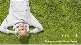  Presentation with music headphones - PPT theme with boy-relaxing-on-grass-listening background and a tawny brown colored foreground