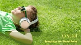  Presentation with music headphones - Presentation consisting of boy-relaxing-on-grass-listening background and a tawny brown colored foreground