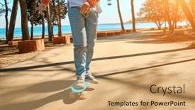  Presentation with outdoors - Slide set having boy-riding-skateboard-outdoors background and a coral colored foreground