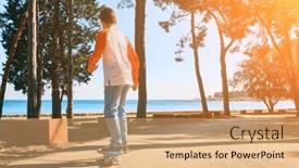  Presentation with outdoors - PPT layouts enhanced with boy-riding-skateboard-outdoors background and a coral colored foreground