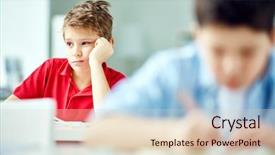  Presentation with sad - Slide set having boy sad - youngster in school background and a lemonade colored foreground