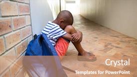  Presentation with elementary school - PPT layouts having boy sitting alone on corridor background and a coral colored foreground