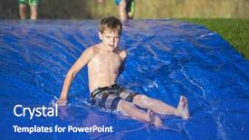  Presentation with torn down buildings - Amazing slide deck having boy sliding down a slip backdrop and a teal colored foreground