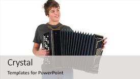  Presentation with accordion - PPT theme featuring boy smiles and plays accordion background and a light gray colored foreground