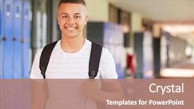  Presentation with high school - Amazing PPT layouts having boy smiling in high school backdrop and a coral colored foreground