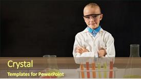  Presentation with laboratory equipment - Presentation design with boy standing in front of table with laboratory equipment against blackboard on wall background and a tawny brown colored foreground