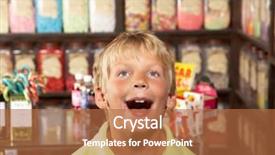  Presentation with sweet - Audience pleasing PPT theme consisting of boy standing in sweet shop backdrop and a red colored foreground