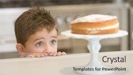  Presentation with cake durian - PPT theme with boy staring longingly at cake background and a soft green colored foreground