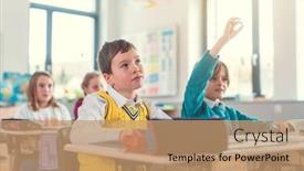  Presentation with elementary school - Colorful PPT theme enhanced with boy-student-in-class backdrop and a coral colored foreground