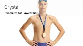  Presentation with gold medal - Beautiful presentation theme featuring boy-swimmer-standing-and-wearing backdrop and a white colored foreground
