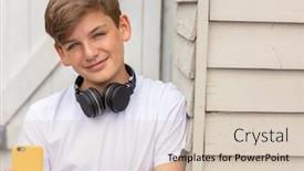  Presentation with music headphones - Slide deck enhanced with boy-teenager-male-child-outside background and a soft green colored foreground