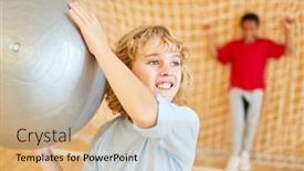  Presentation with physical education - Audience pleasing slide set consisting of boy-throws-a-gym-ball backdrop and a coral colored foreground