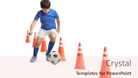  Presentation with training - Colorful PPT layouts enhanced with boy-training-soccer-with-obstacle backdrop and a lemonade colored foreground