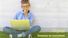  Presentation with entertainment - PPT theme consisting of boy-using-a-laptop-outdoors background and a tawny brown colored foreground