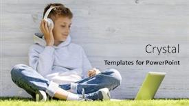  Presentation with entertainment - Slide deck featuring boy-using-a-laptop background and a light gray colored foreground