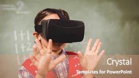  Presentation with virtual reality environments - Beautiful PPT theme featuring boy using a virtual reality backdrop and a coral colored foreground