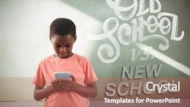  Presentation with old vs new - Amazing presentation having boy using cellphone against greenboard backdrop and a coral colored foreground