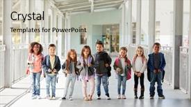  Presentation with school elementary - PPT theme featuring boy waiting girl - elementary school class standing background and a mint green colored foreground