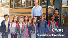  Presentation with school bus - Amazing theme having boy waiting girl - elementary school teacher and pupils backdrop and a ocean colored foreground