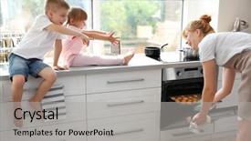  Presentation with mother doing yoga kids - Beautiful presentation featuring boy waiting girl - young mother and kids tasting backdrop and a light gray colored foreground