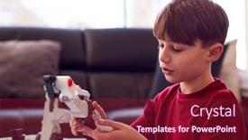  Presentation with robotic arm - Colorful PPT theme enhanced with boy-wearing-pyjamas-building-robotic backdrop and a violet colored foreground