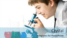  Presentation with flasks - Presentation theme featuring boy with a microscope and various colorful flasks on a white background background and a light blue colored foreground