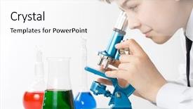  Presentation with flasks - PPT theme consisting of boy with a microscope and various colorful flasks on a white background background and a white colored foreground