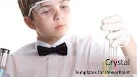  Presentation with flasks - Beautiful slides featuring boy with a microscope and various colorful flasks on a white background backdrop and a lemonade colored foreground