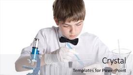  Presentation with flasks - Colorful PPT layouts enhanced with boy with a microscope and various colorful flasks on a white background backdrop and a light gray colored foreground