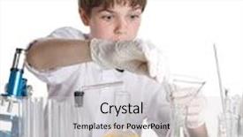  Presentation with flasks - Amazing slide set having boy with a microscope and various colorful flasks on a white background backdrop and a light gray colored foreground